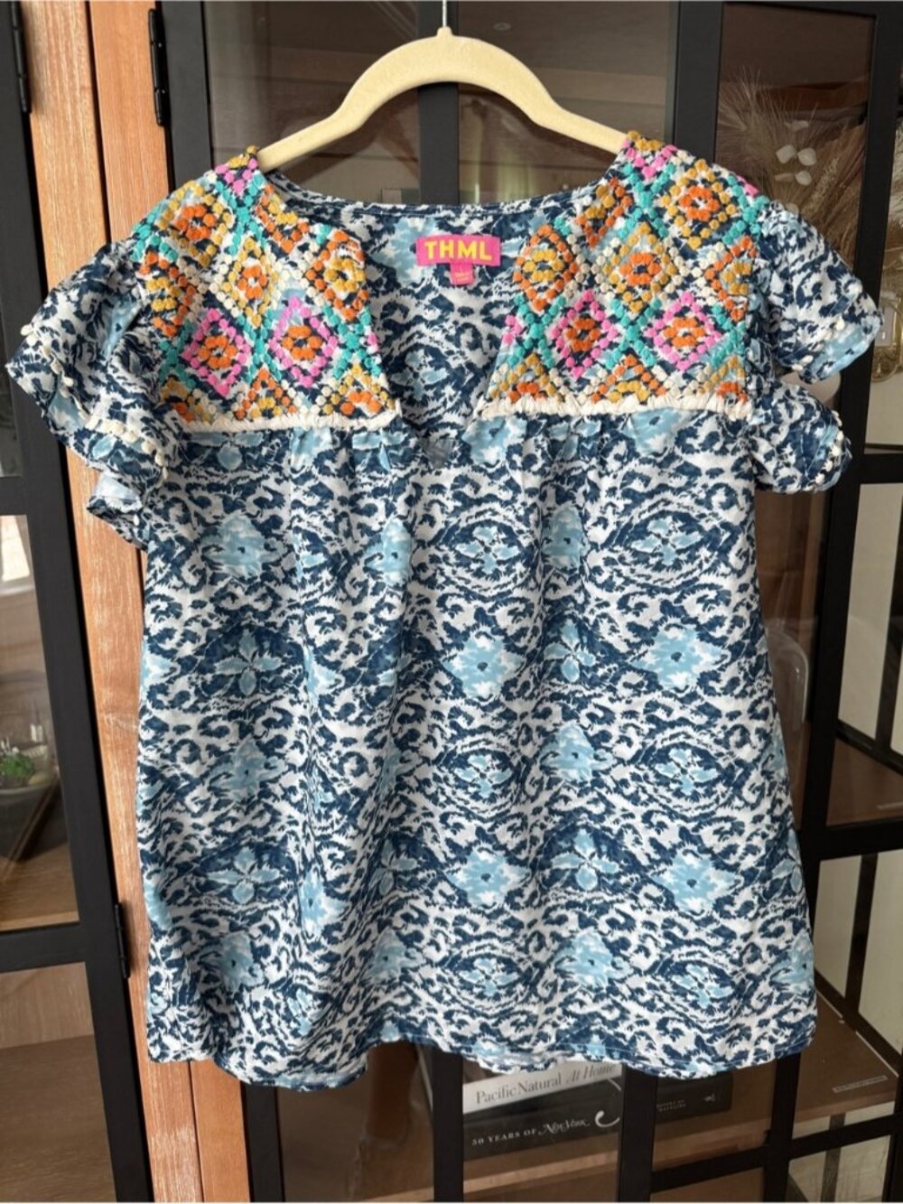 THML embroidered oaxacan top blouse short sleeve block print colorful western